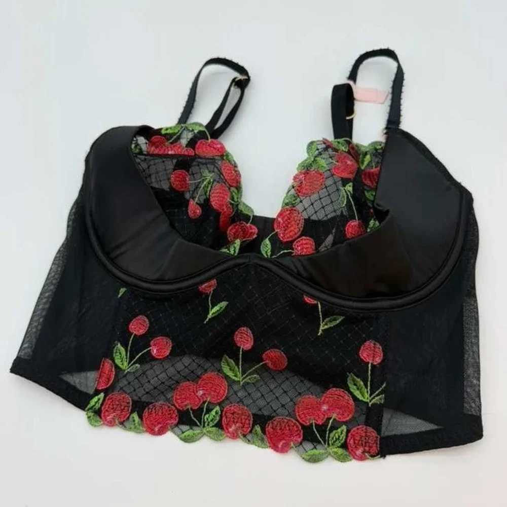 Victoria's Secret Cherry Corset Bra Black Mesh‎ 32DD Bustier Lingerie New